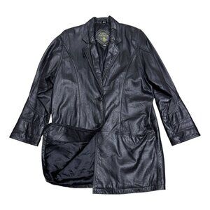 VINTAGE LEATHER Carlo Amboldi Long Black Trench Retro Coat Womens Small